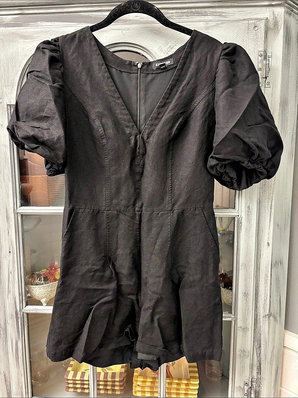 Express V-Neck Short Puff Sleeve Romper Black Mini Dress